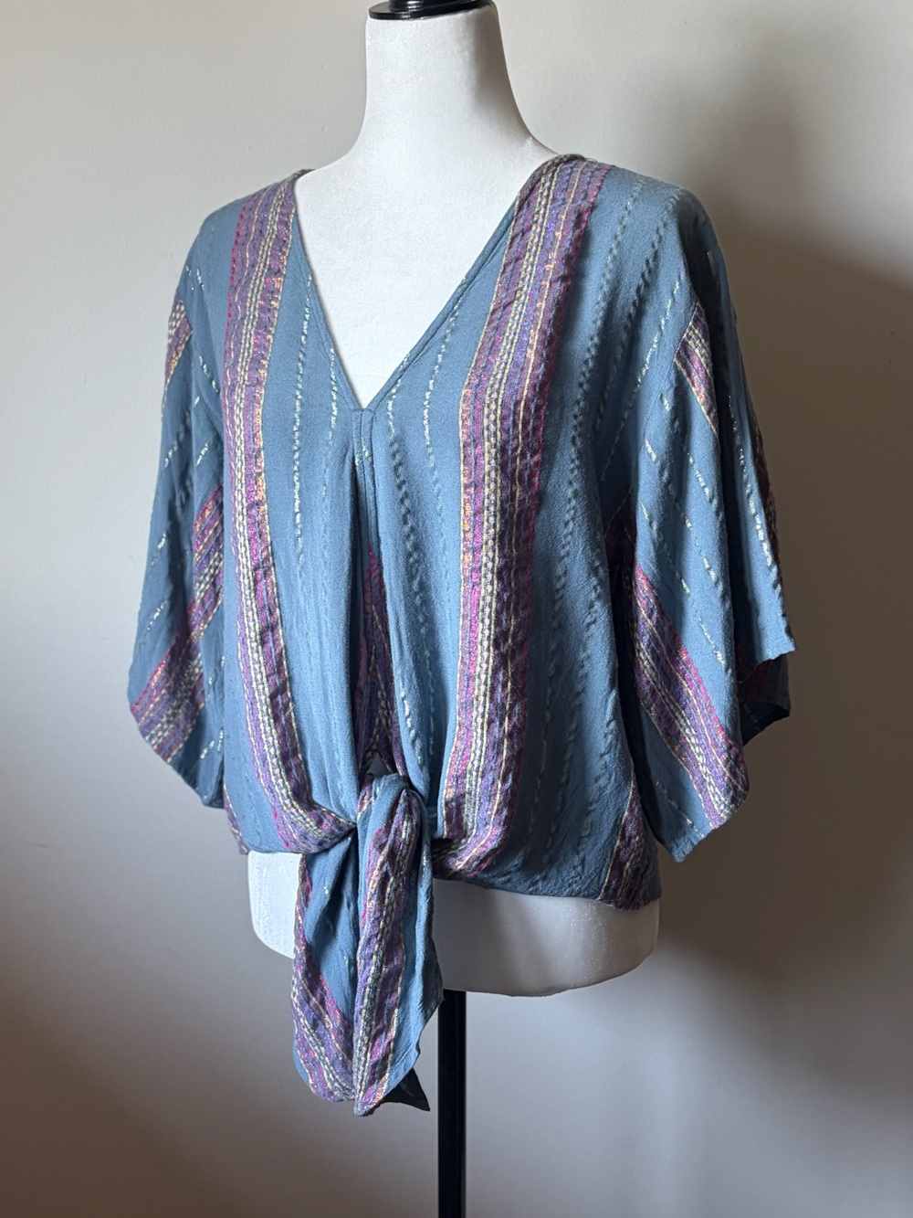 Lovestitch Blue Metallic Stripe Front-Tie Blouse - size Large - boho woven top - Picture 15 of 15